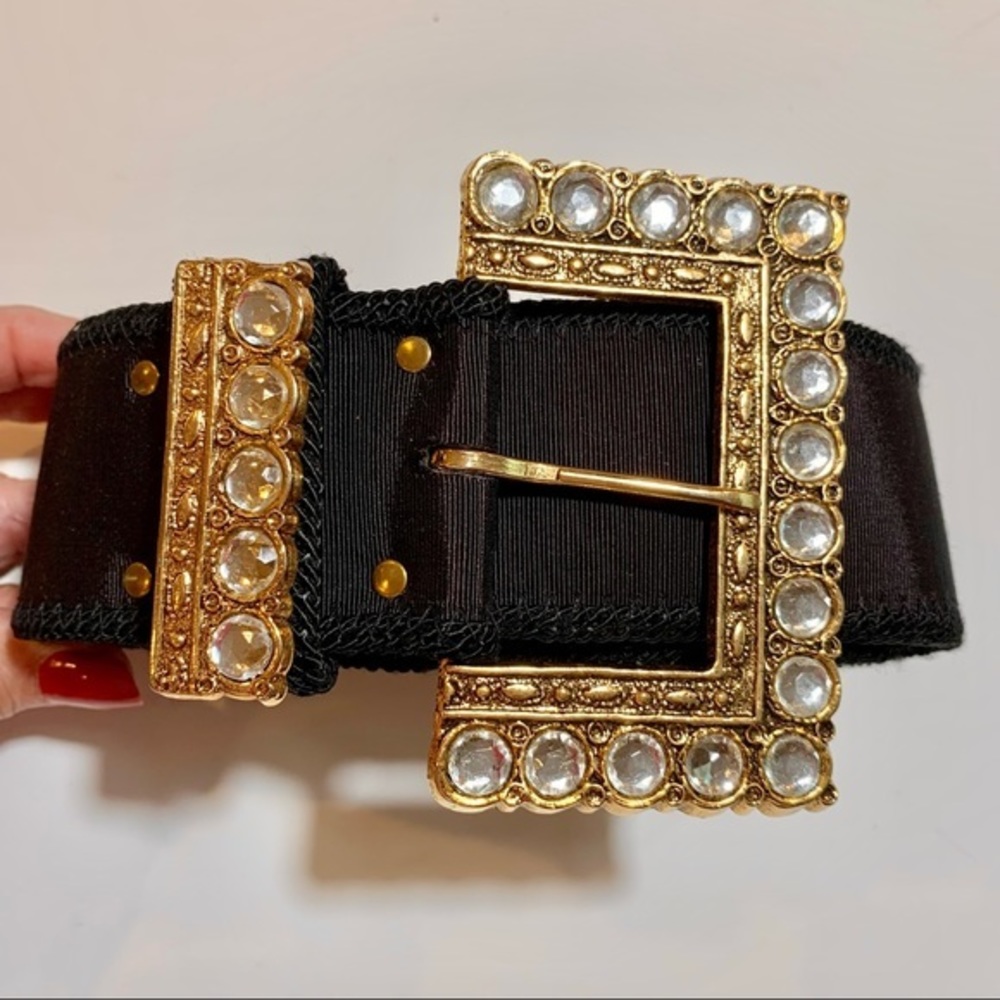 Vintage Elite Black Belt W/Gold Buckle & Diamonds‎